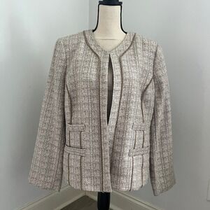 Chicos Tan Tweed Blazer sz 2/L Collarless Ribbon Trim Jacket Vtg Academia Office
